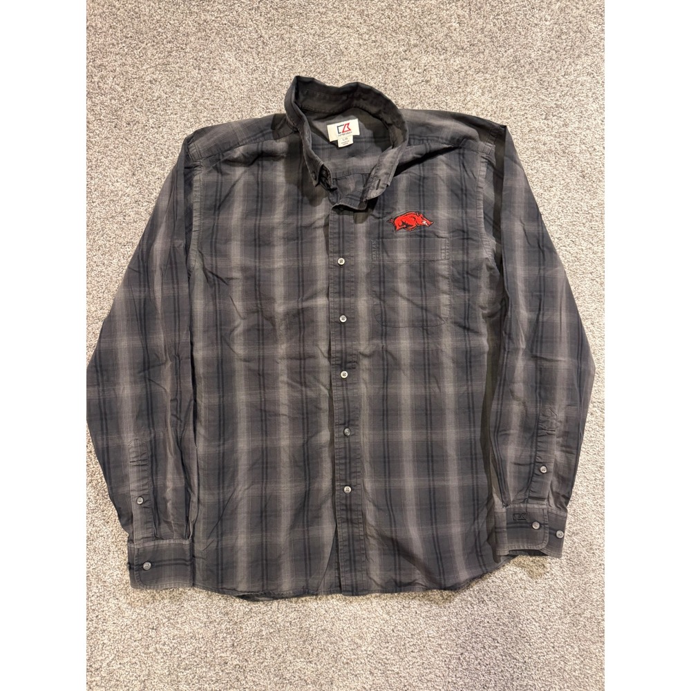 Cutter & Buck Shirt Mens L Plaid L/S  Button Up Arkansas Razorbacks Embroidered